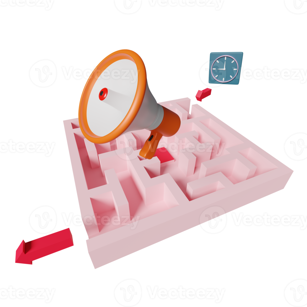maze with arrow, time clock, orange megaphone or hand speaker isolated. finding solution, business strategy concept, 3d illustration, 3d render png