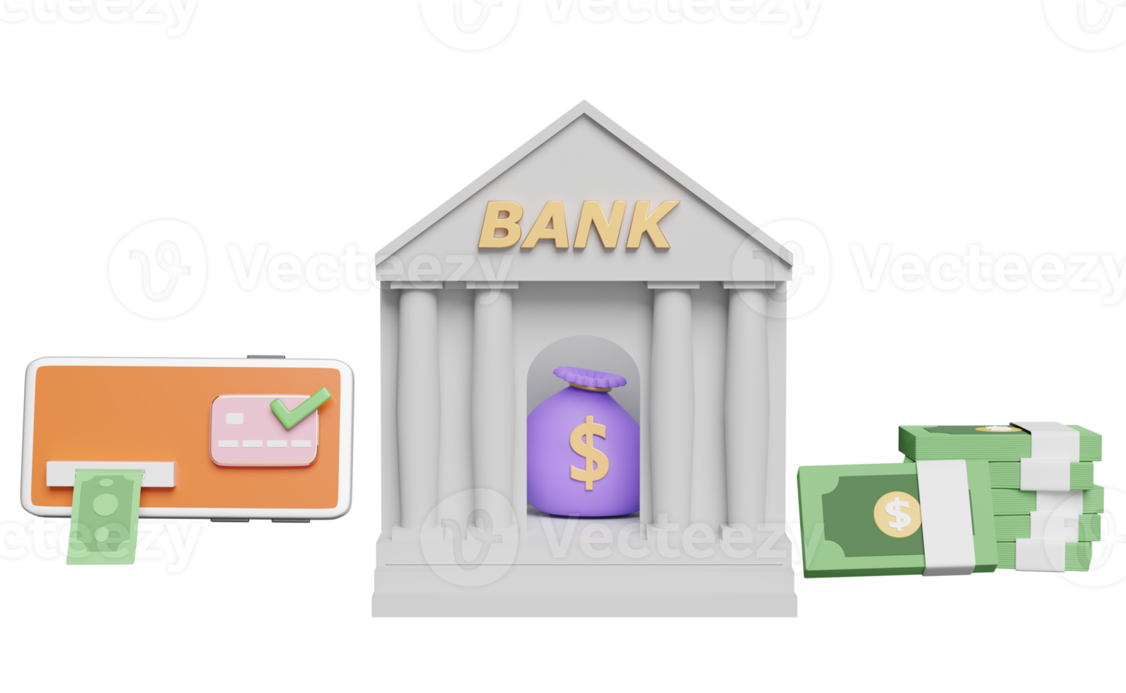 mobil telefon, smartphone med sedel, kolla upp märke, kreditera kort, Bank eller beskatta kontor byggnad isolerat. uttag kontanter med Bankomat maskin transaktion begrepp, 3d illustration, 3d framställa png