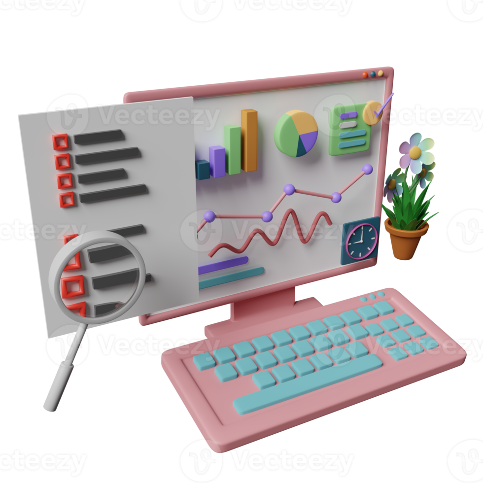 3d laptop computer with charts graph, analysis business financial data, magnifying glass, clipboard checklist isolated. Online marketing, business strategy concept, 3d render illustration png
