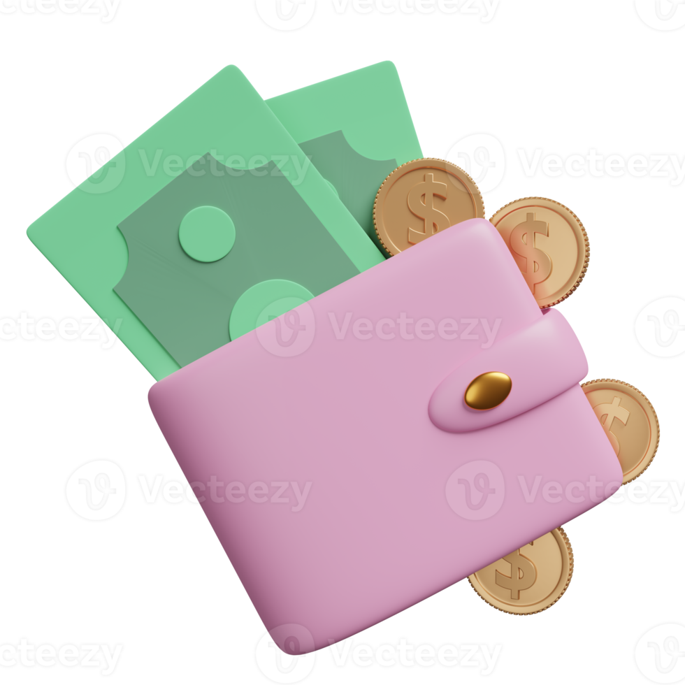 wallet with coins, banknote isolated. saving money concept, 3d illustration or 3d render png