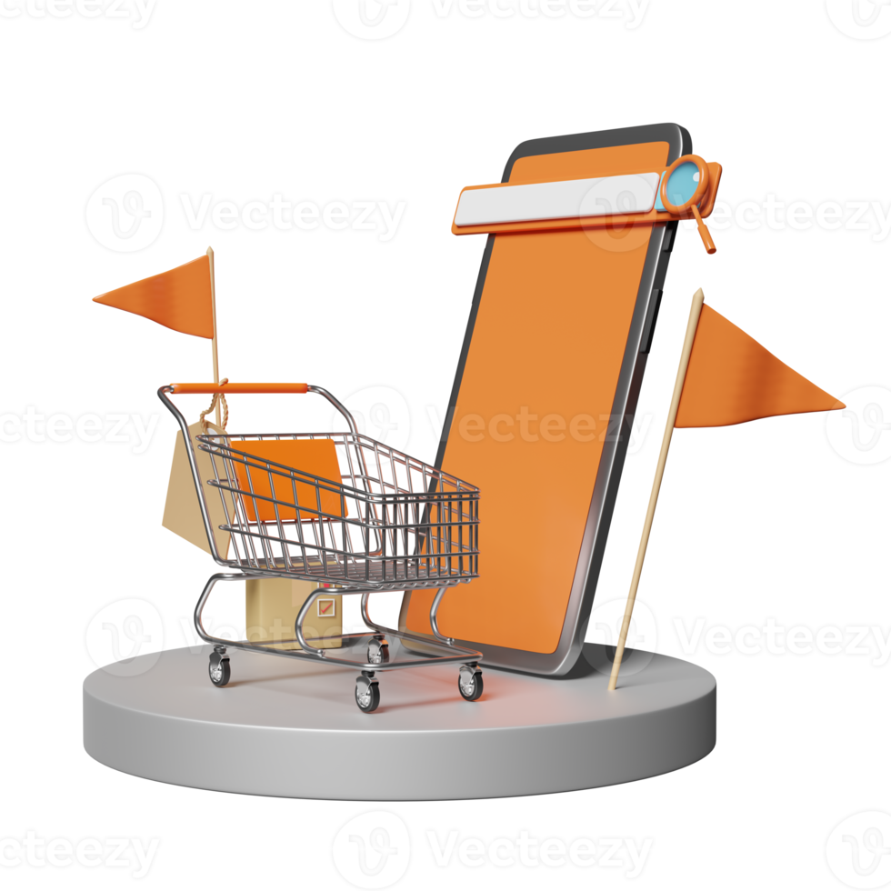 mobile phone, smartphone with stage podium, search bar, magnifying, shopping cart, flag, price tags isolated. search engine, online shopping concept, 3d illustration or 3d render png