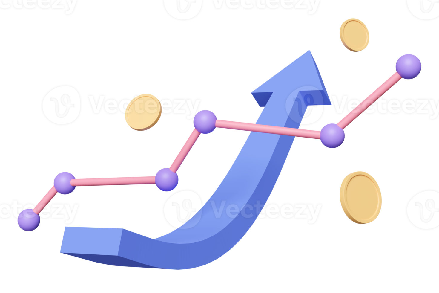 gráfico de tendência de alta do mercado de ações com investimento em diferentes moedas, ilustração de renderização 3d png