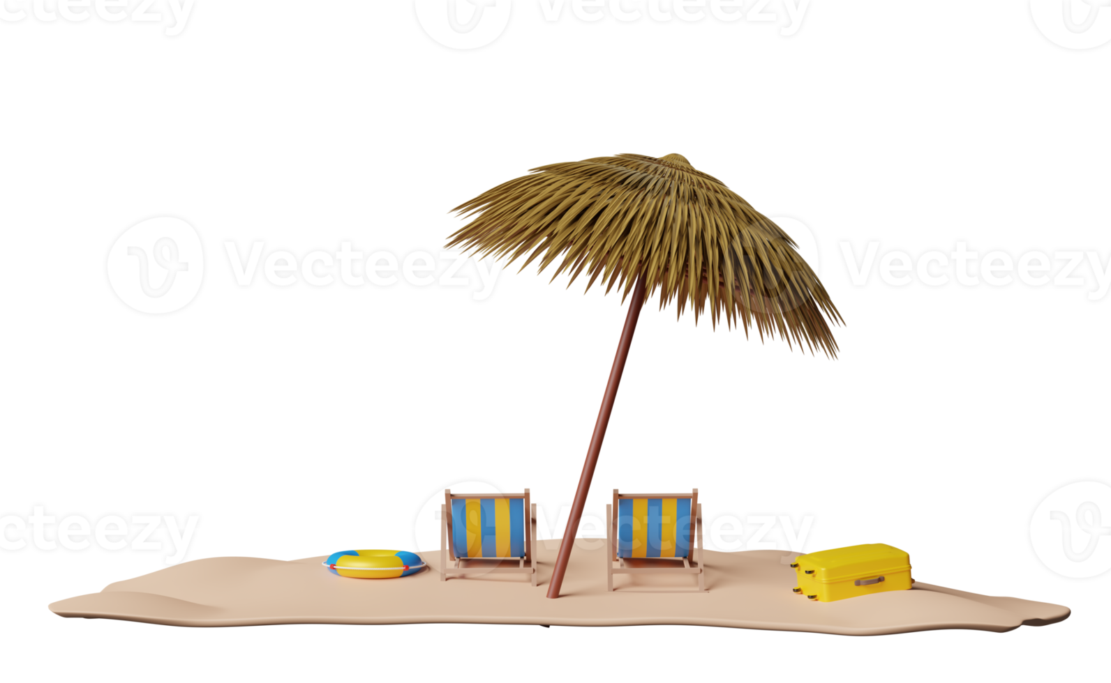 zomer reizen met geel koffer, paraplu, reddingsboei, strand stoel, kust geïsoleerd. concept 3d illustratie of 3d geven png