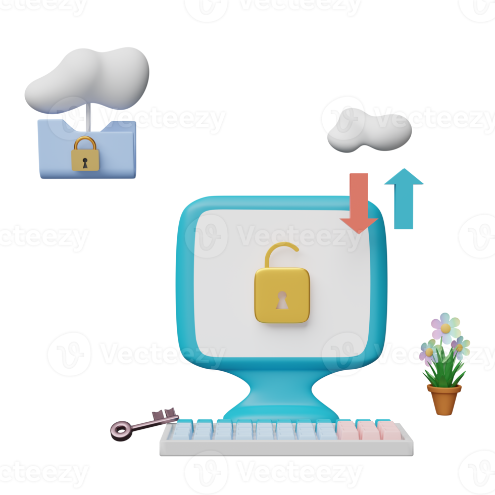 monitor de computadora con desbloqueo, bloqueo, carpeta en la nube aislada. seguridad de Internet o protección de la privacidad o concepto de protección de ransomware, ilustración 3d o presentación 3d png