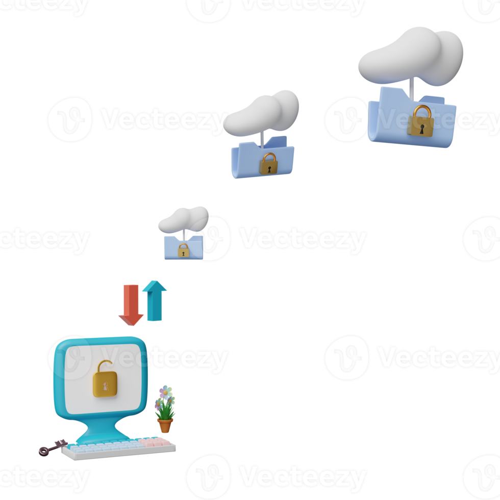 dator övervaka med låsa upp ,låsa, moln mapp isolerat. internet säkerhet eller Integritet skydd eller Ransomware skydda begrepp, 3d illustration eller 3d framställa png