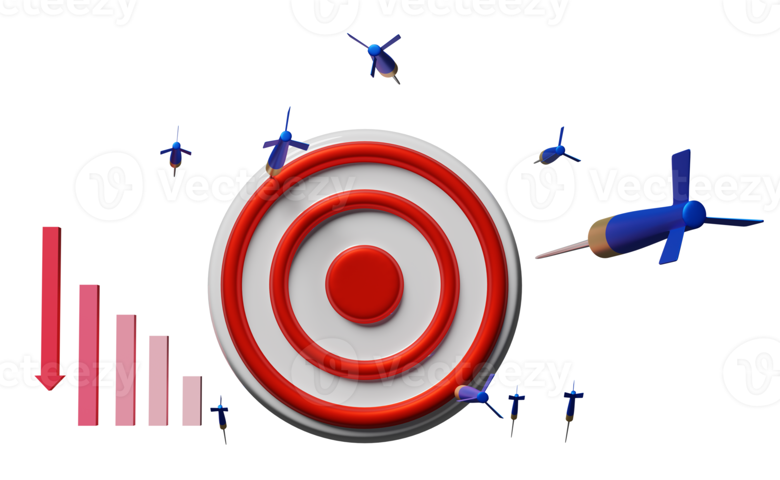 White red target with darts or arrow, bar graph isolated. miss the target, overshoot concept, 3d illustration or 3d render png