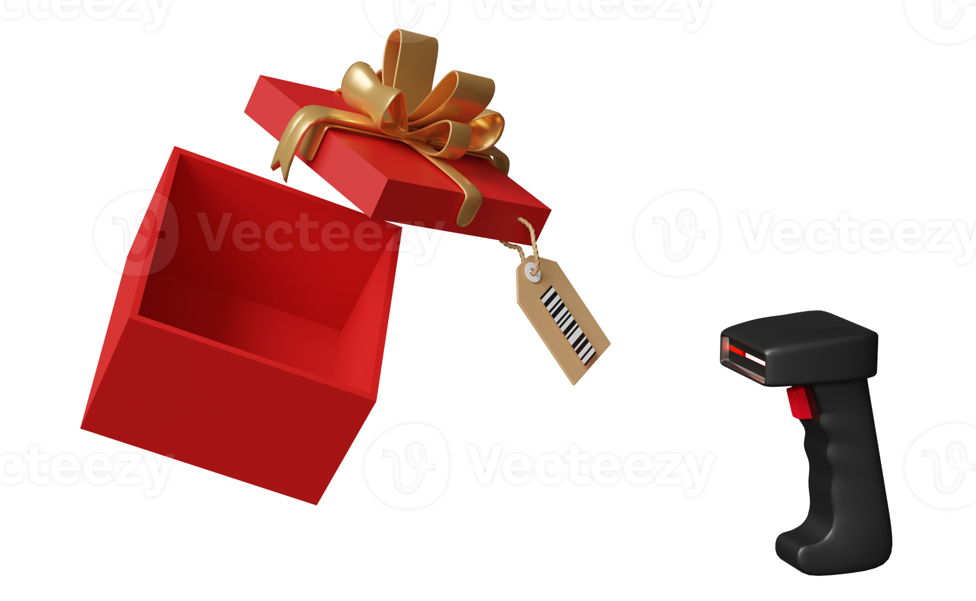 red open gift box empty with barcode scanner, price tags isolated