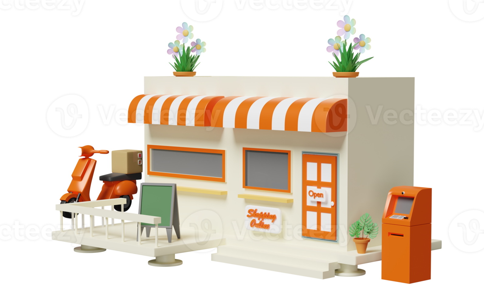 edificio negozio memorizzare bar con memorizzare davanti cartello, ATM macchina, merce scatola, scooter isolato. avviare franchising attività commerciale, veloce pacchetto spedizione consegna concetto, 3d illustrazione, 3d rendere png