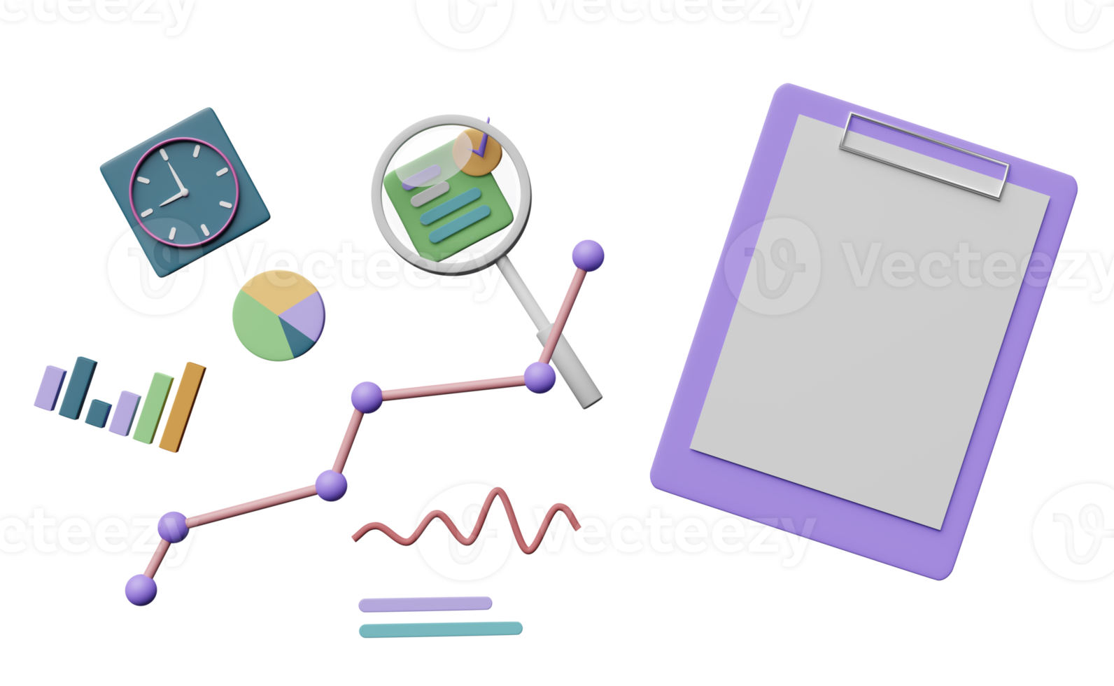 gráficos e gráficos com análise de dados financeiros de negócios, lista de verificação vazia da área de transferência, cheque isolado. marketing online, conceito de estratégia de negócios, ilustração 3d ou renderização 3d png