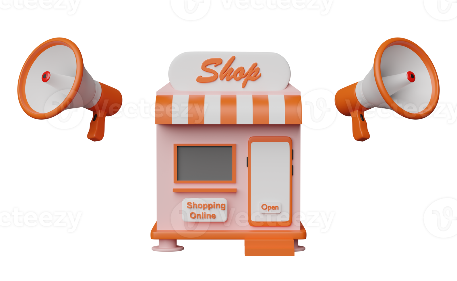3d shop, store front with megaphone or hand speaker isolated. online marketing shopping, promotion news for social media networks concept, 3d render illustration png