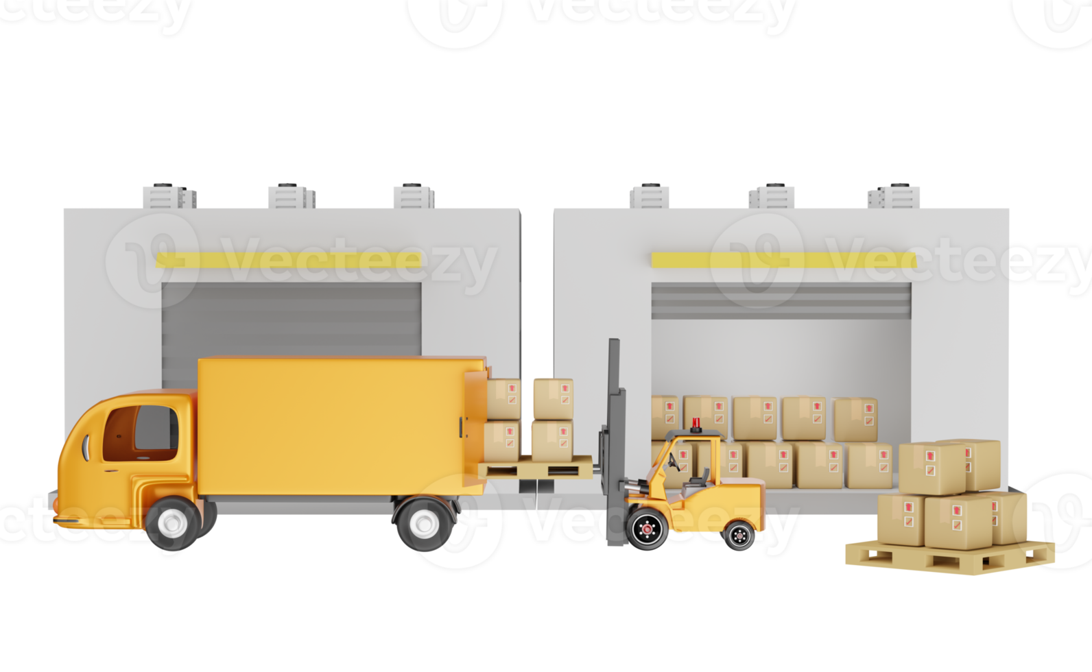 byggnad lager med gaffeltruck för importera exportera, varor kartong låda, lastpall, lastbil isolerat. logistisk service begrepp, 3d illustration eller 3d framställa png