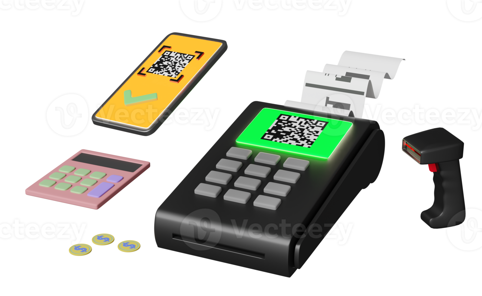 payment machine,pos terminal, electronic bill payment with barcode, mobile phone, smartphone, qr code scanning isolated. cashless payment concept, 3d illustration, 3d render png