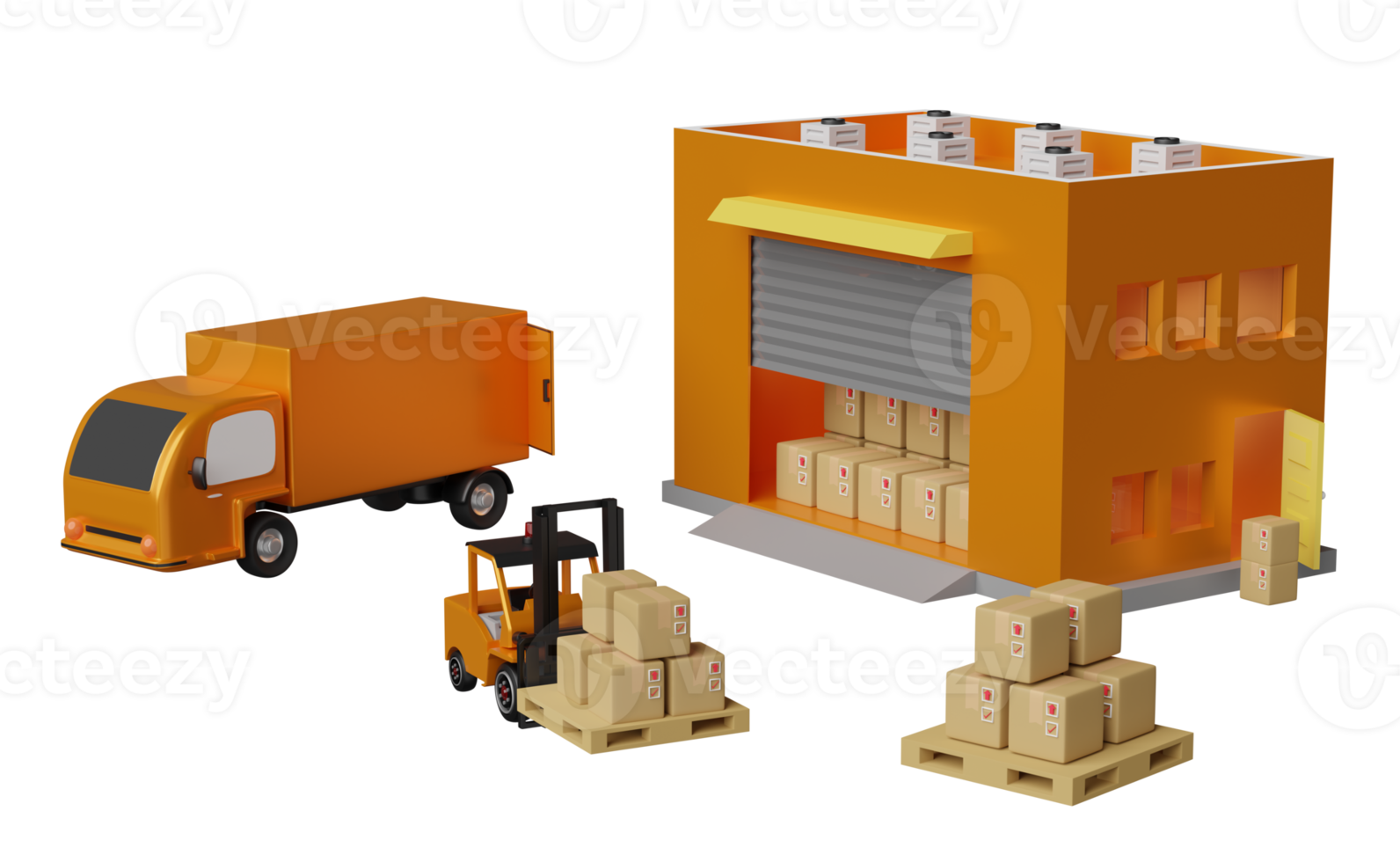 gebouw magazijn met heftruck voor importeren exporteren, goederen karton doos, pallet, vrachtauto geïsoleerd. logistiek onderhoud concept, 3d illustratie of 3d geven png