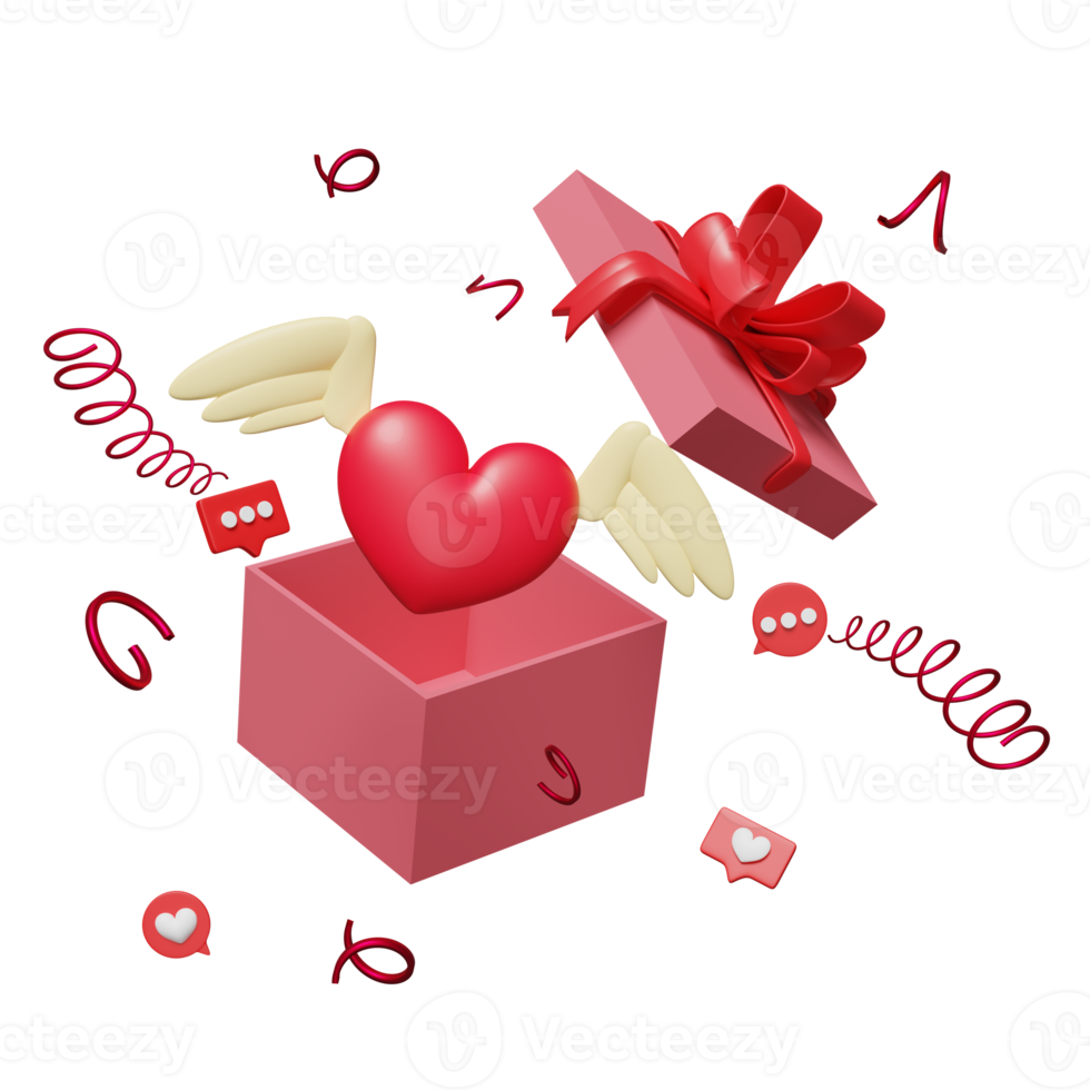 rosa öppen gåva låda med röd hjärta och vingar isolerat. jul och ny år dag, hälsa kärlek eller värld hjärta dag, hjärtans dag begrepp, minimal abstrakt, 3d illustration eller 3d framställa png