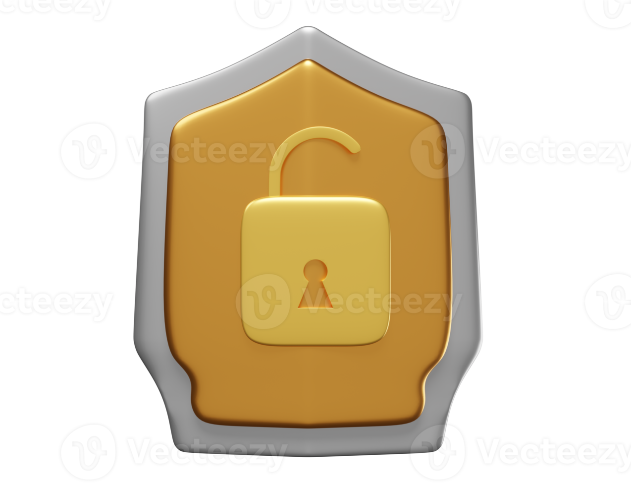 escudo con desbloqueo dorado aislado. seguridad de Internet o protección de la privacidad o concepto de protección de ransomware, ilustración 3d o presentación 3d png