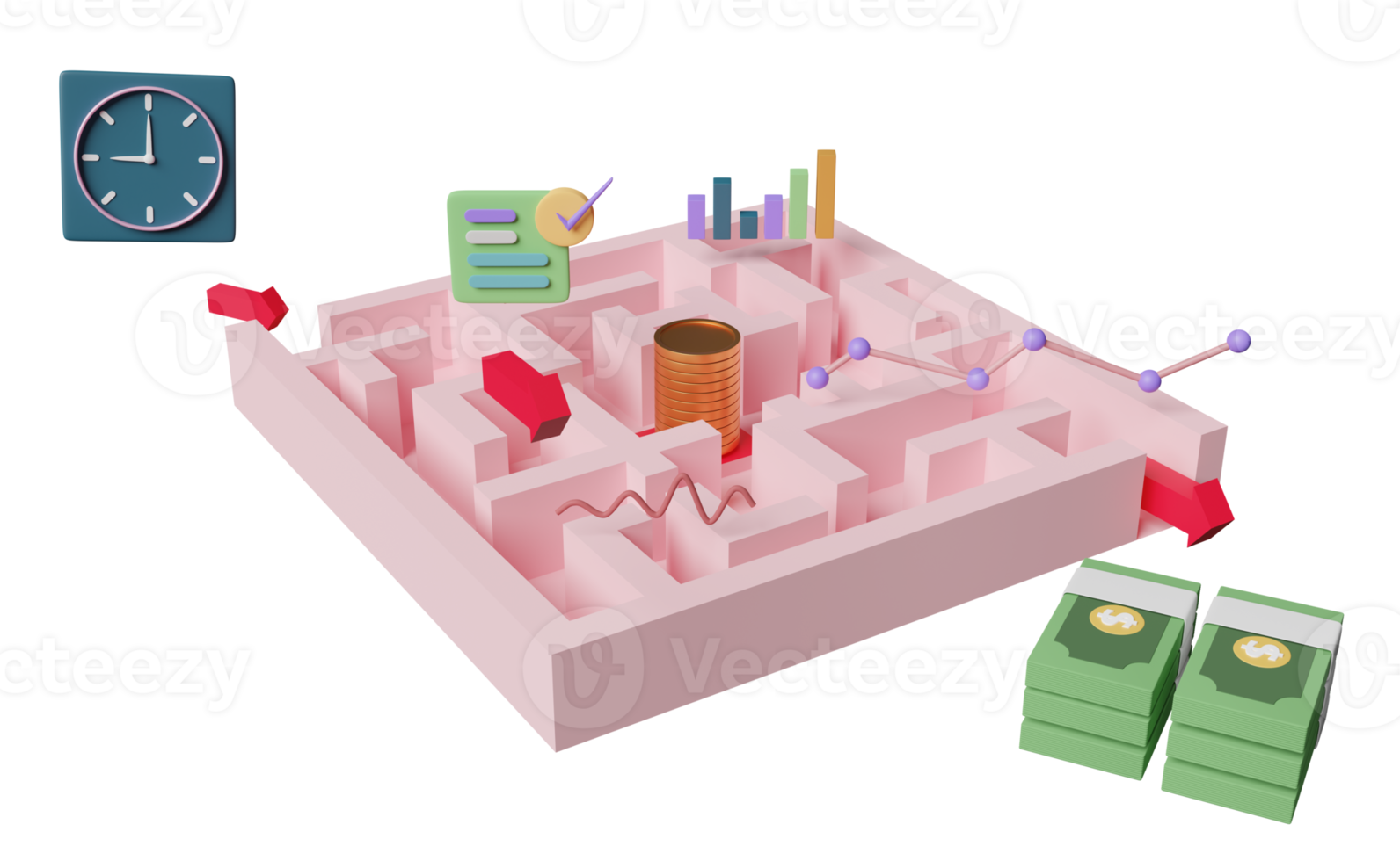 labirinto con grafici, grafico, mercato analisi attività commerciale finanziario dati, tempo orologio, banconote, moneta, freccia isolato. scoperta soluzione, attività commerciale strategia concetto, 3d illustrazione, 3d rendere png