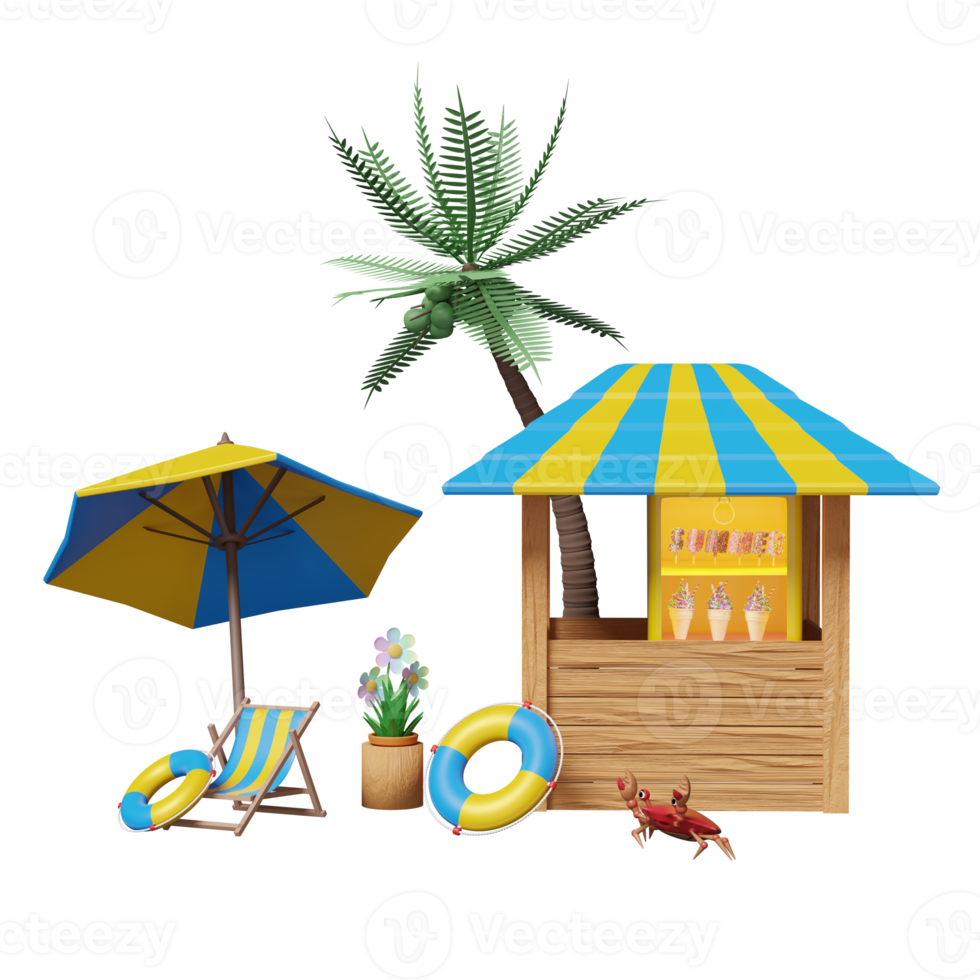 tienda de café con vitrinas de helados o nevera, sombrilla, palmera, aro salvavidas, silla de playa, sombrilla, cangrejo aislado. concepto de viaje de verano, ilustración 3d o presentación 3d png