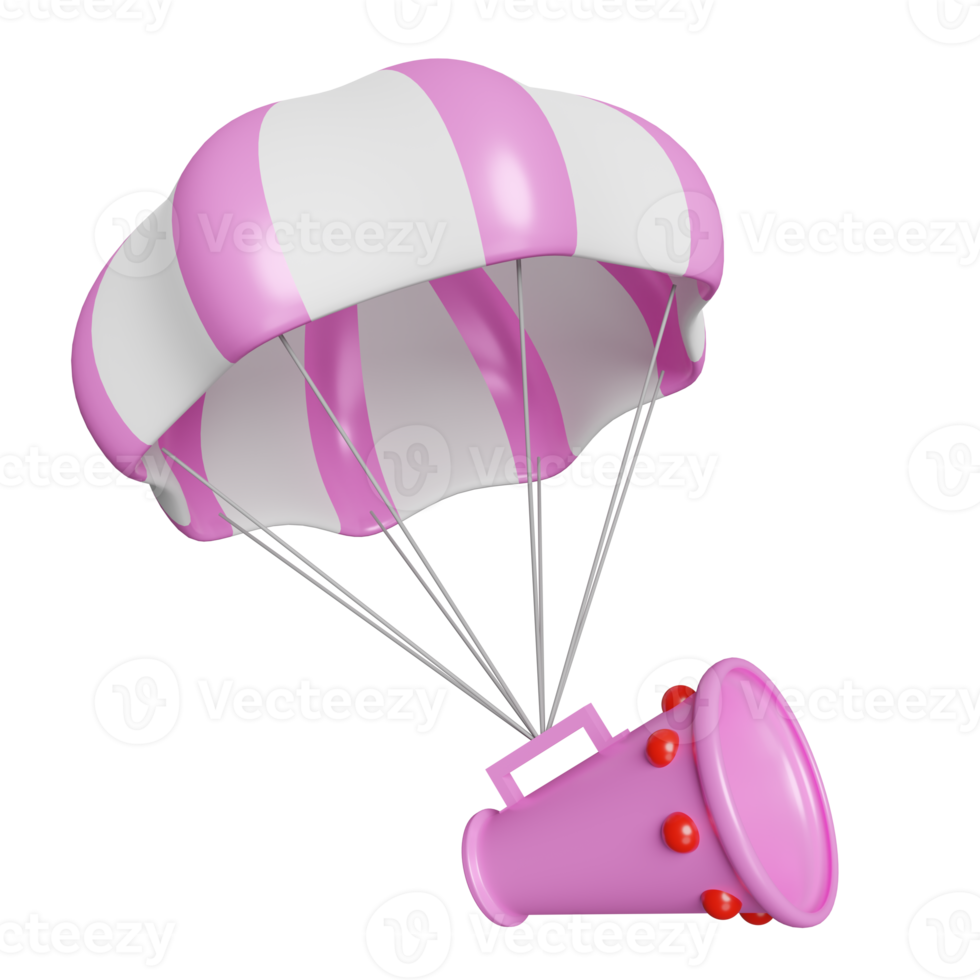 3d megaphone or hand speaker with parachute isolated. business strategy, online marketing shopping, promotion news for social media networks concept, 3d render illustration png