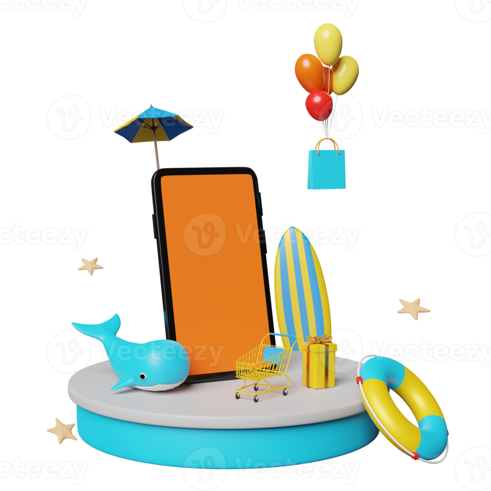 stage podium with mobile phone, smartphone, umbrella, balloon, whale, shopping paper bags, lifebuoy, surfboard isolated. online shopping summer sale concept, 3d illustration, 3d render png
