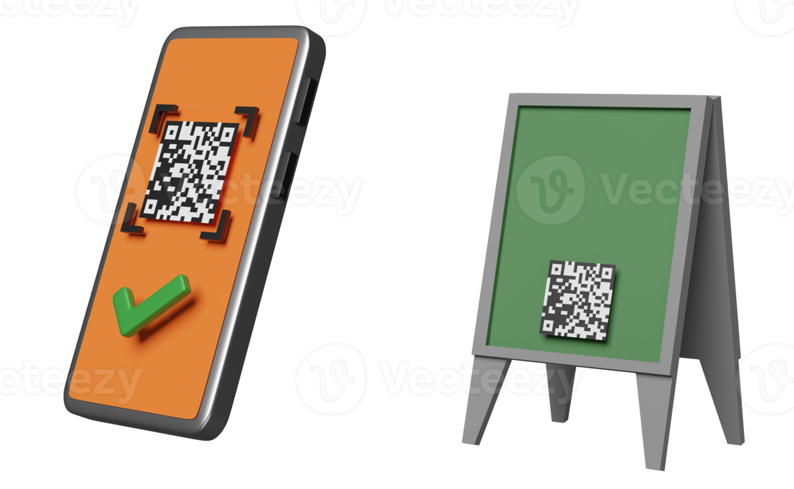 orange mobil telefon eller smartphone med streckkod, qr koda läser in, kolla upp märke, Lagra främre tecken isolerat. uppkopplad handla begrepp, 3d illustration, 3d framställa png