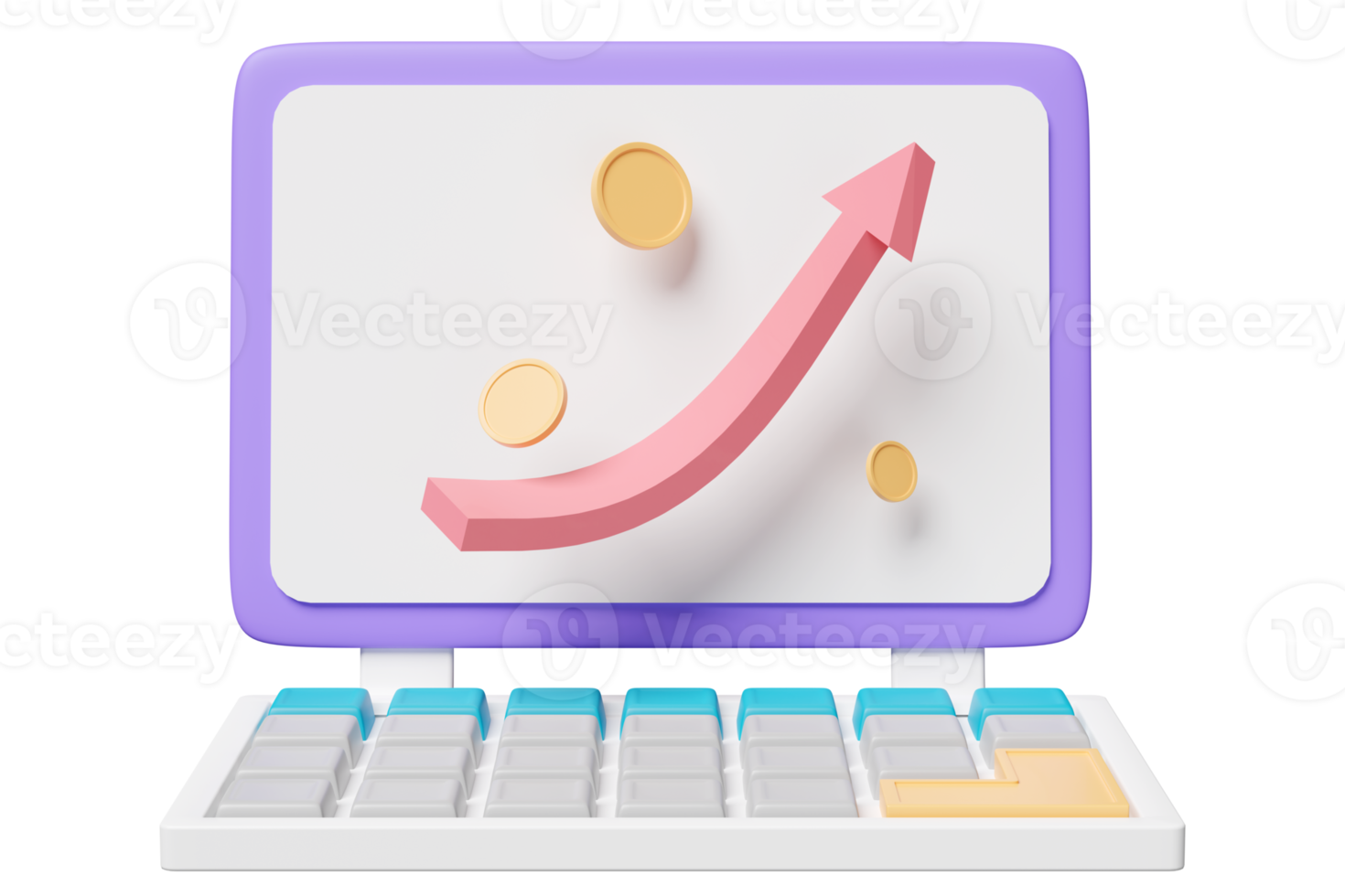 3D-Aktienmarkt-Aufwärtstrenddiagramm mit Investitionen in verschiedene Währungen, auf Laptop-Bildschirm isoliert. geschäftsdatenanalysekonzept, 3d-darstellung png