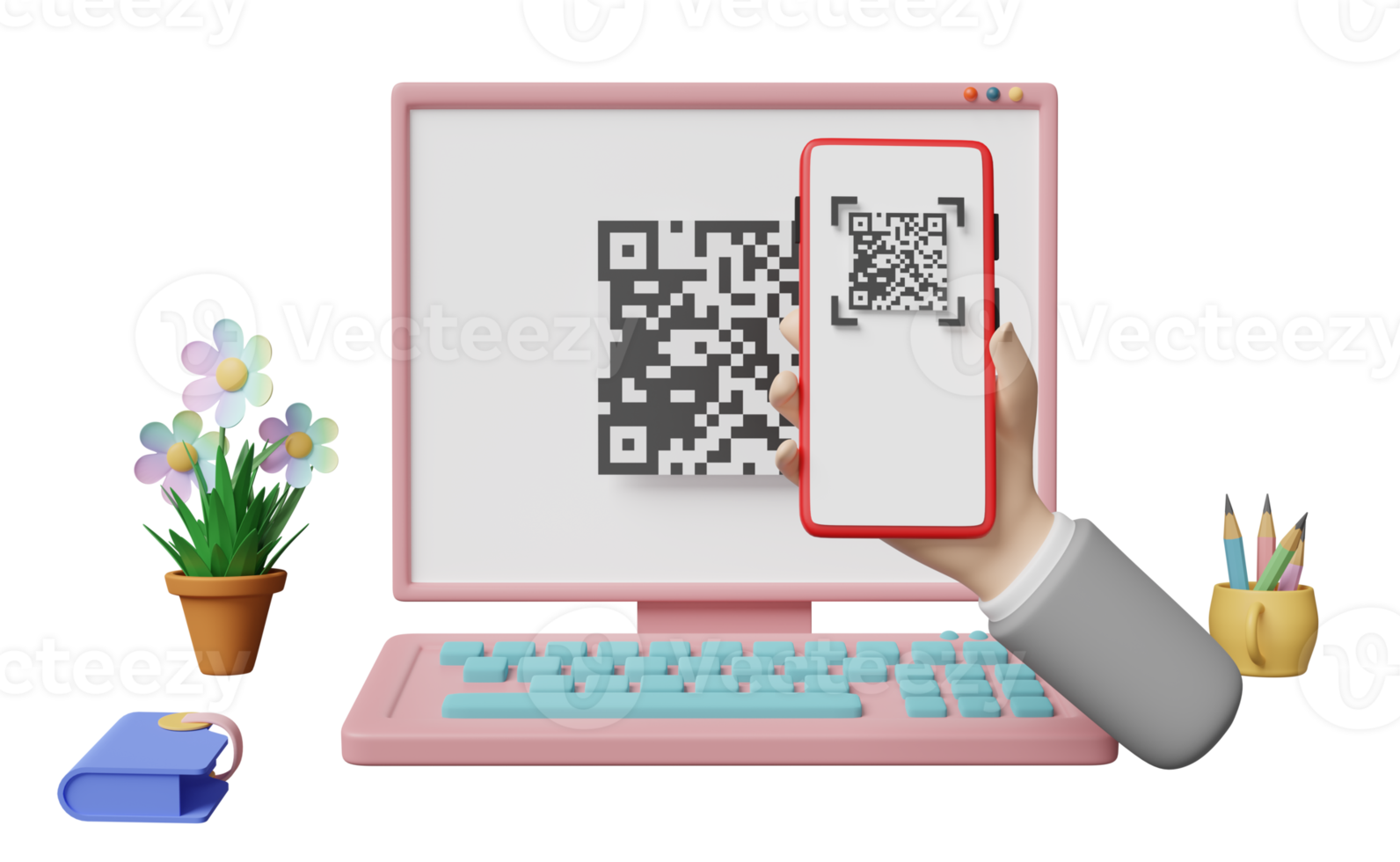 3d computer monitor with hand holding mobile phone, smartphone, qr code scanning isolated. franchise business or online shopping, cashless payment concept, 3d render illustration png