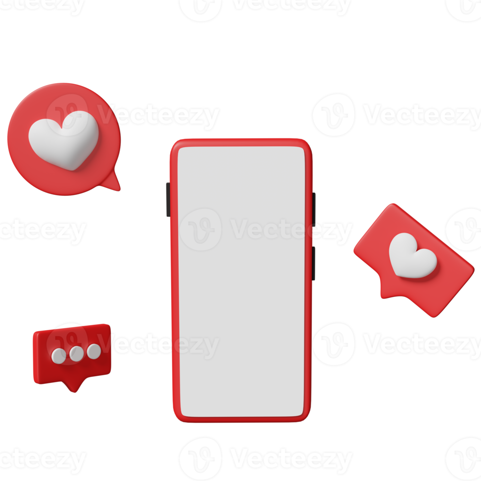 telefone celular, smartphone com ícones de coração vermelho, mídia social, como notificações isoladas. amor de saúde, dia mundial do coração, conceito de dia dos namorados, ilustração 3d, renderização 3d png