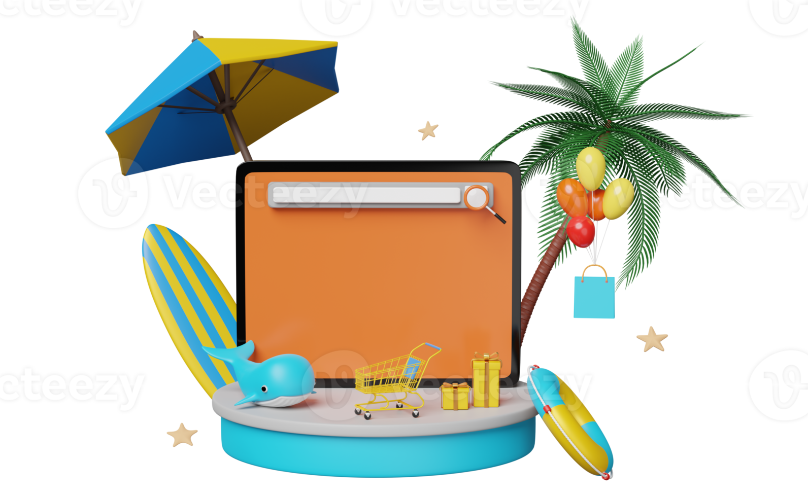 3d podium with mobile phone, smartphone, umbrella, balloon, palm, shopping bags, lifebuoy, whale isolated. web search engine, online shopping summer sale concept, 3d render illustration png