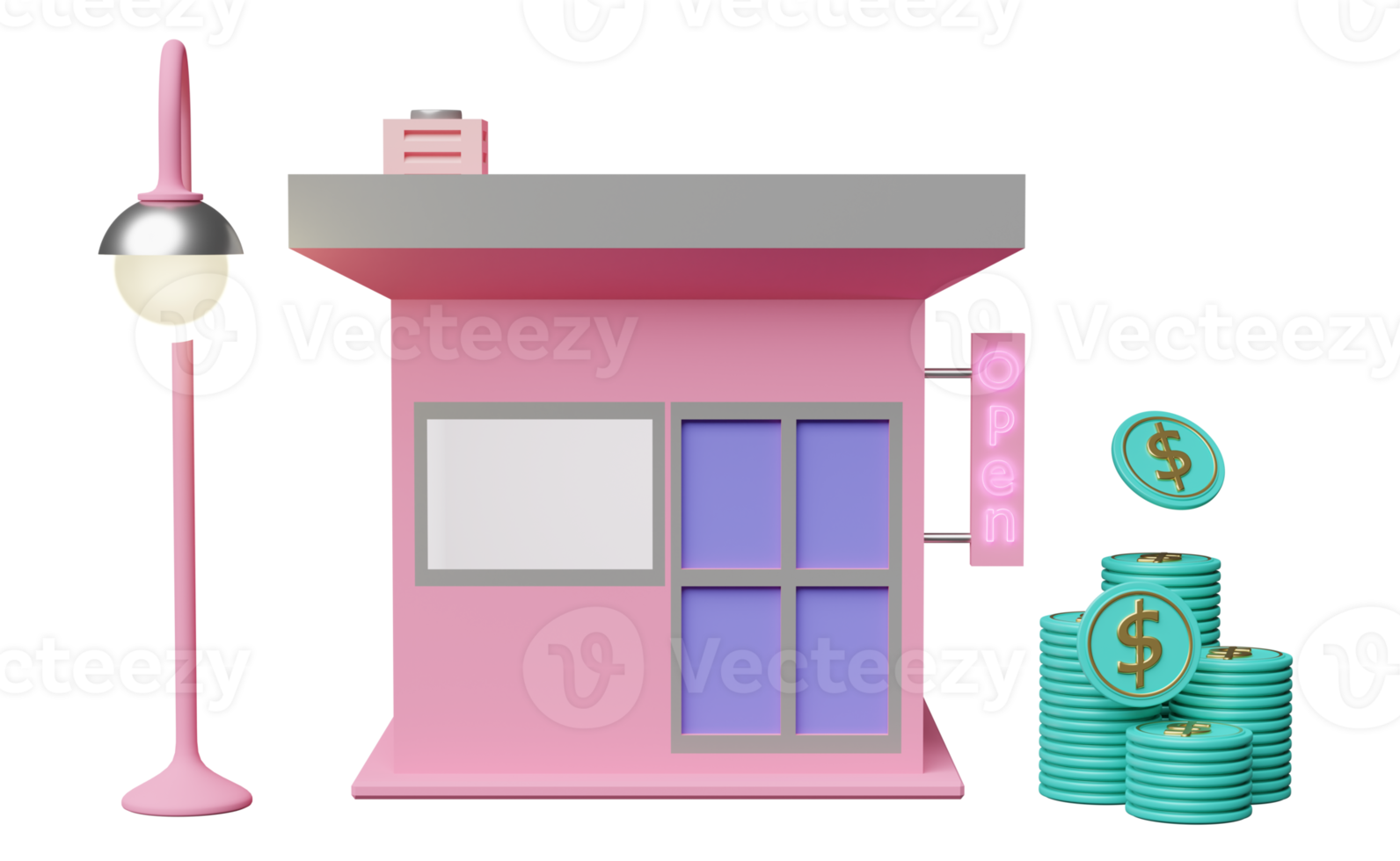 3d building shop store cafe with dollar coins stacks, open sign isolated. startup franchise business concept, 3d render illustration png