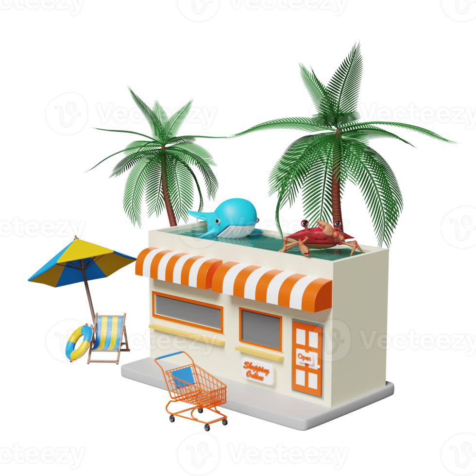 building shop store front with beach chair, umbrella, lifebuoy, palm, cart, whale, crab, pool isolated. online shopping summer sale concept, 3d illustration or 3d render png