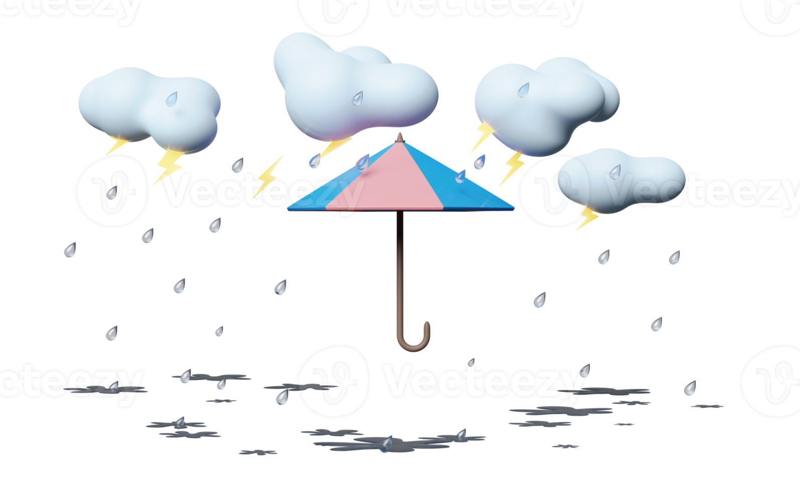 umbrella with cloud, drop rain water, thunder isolated. protection and security concept, 3d illustration or 3d render png