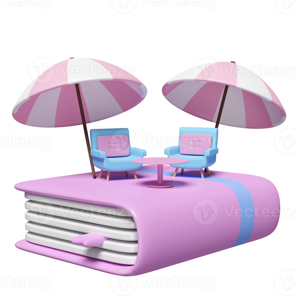 3d book with coffee table, sofa chair, umbrella isolated. summer vacation concept, 3d render illustration png