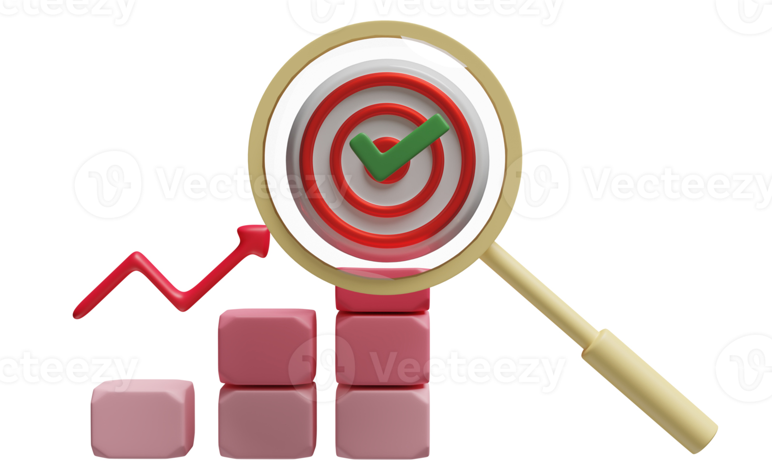 diagram, graf med analys företag finansiell data, uppkopplad marknadsföring, pil, kolla upp, mål, förstorande isolerat. företag strategi, tillväxt, Sök mål begrepp, 3d illustration, 3d framställa png