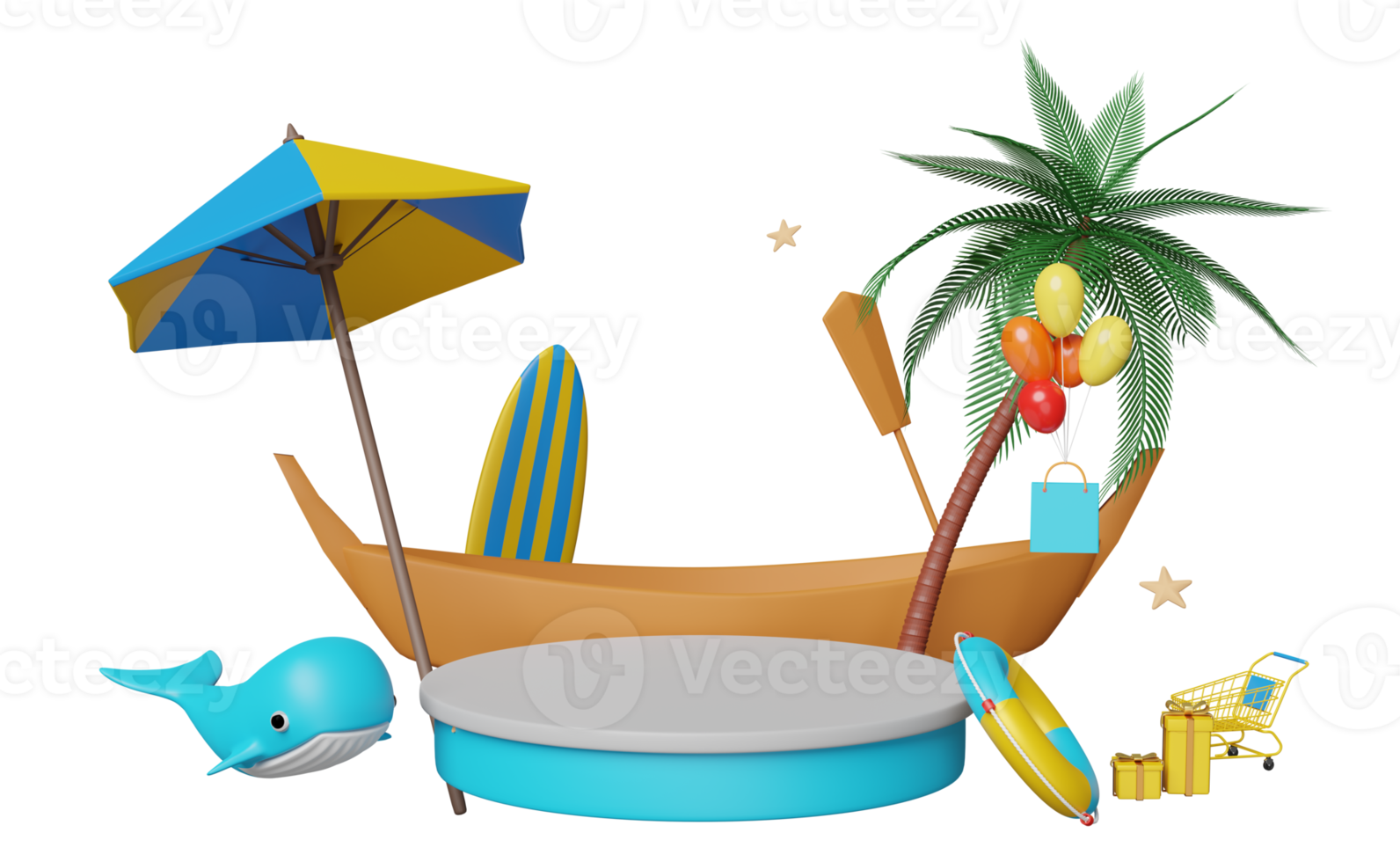 3d stage podium with boat, umbrella, balloon, palm, shopping bags, lifebuoy, whale, cart, surfboard isolated. web search engine, online shopping summer sale concept, 3d render illustration png