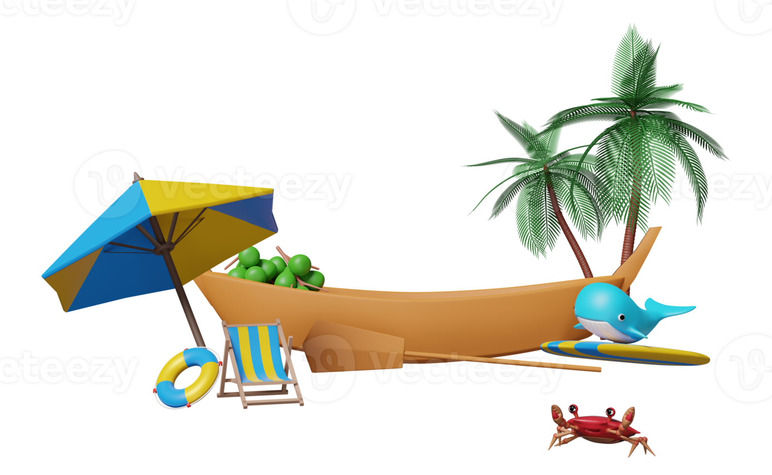 stage podium empty with palm tree, lifebuoy, whale, surfboard, crab, rainbow, cloud isolated. online shopping summer sale concept, 3d illustration, 3d render png