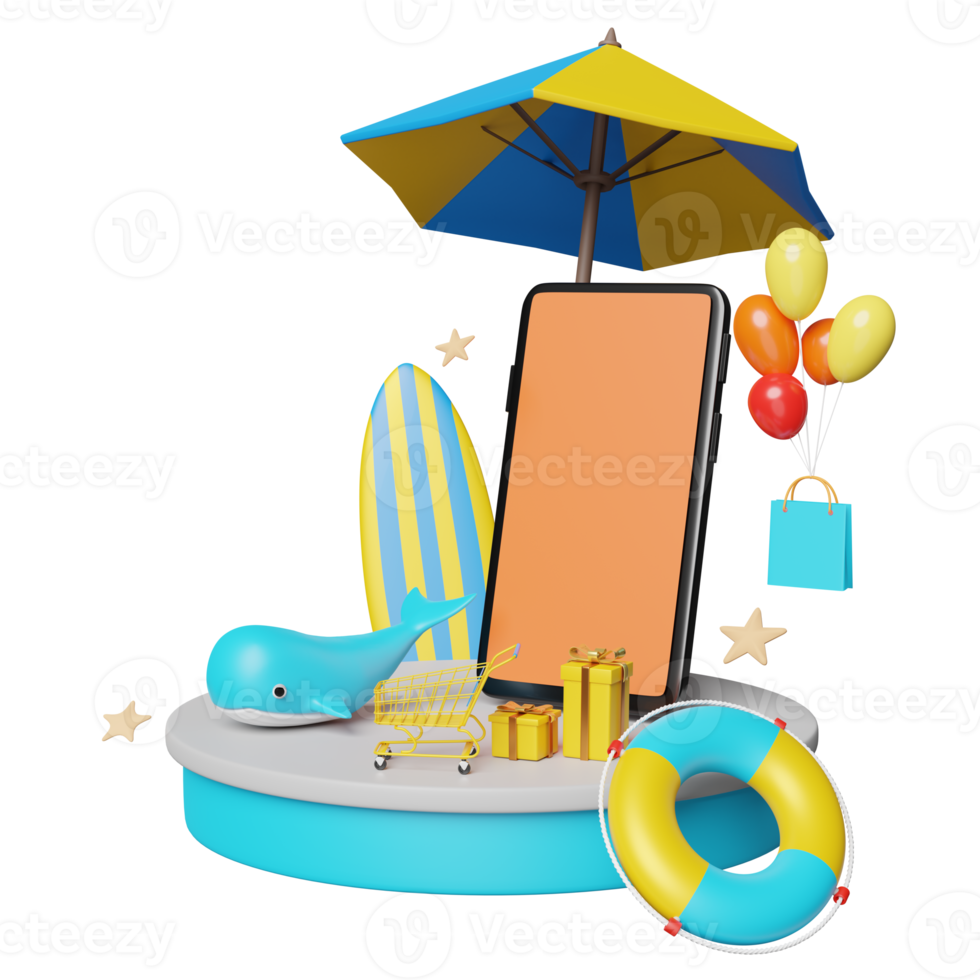 3d stage podium with mobile phone, smartphone, umbrella, balloon, whale, shopping paper bags, lifebuoy, surfboard isolated. online shopping summer sale concept, 3d render illustration png