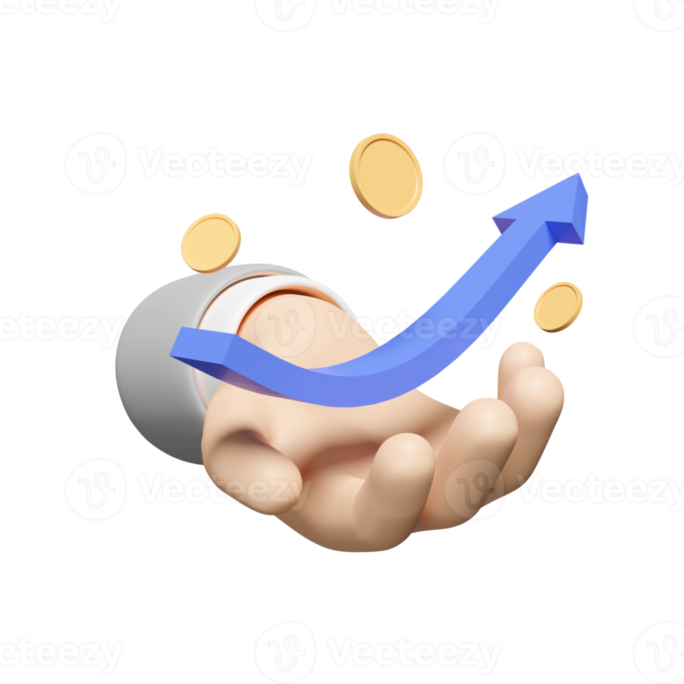 Gráfico de tendencia alcista del mercado de valores 3d en manos con la inversión en diferentes monedas, ilustración de presentación 3d png