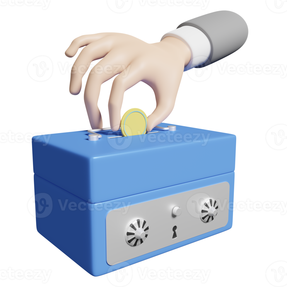 businessman hands holding coin with piggy bank or safe box isolated. saving money concept, 3d illustration or 3d render png