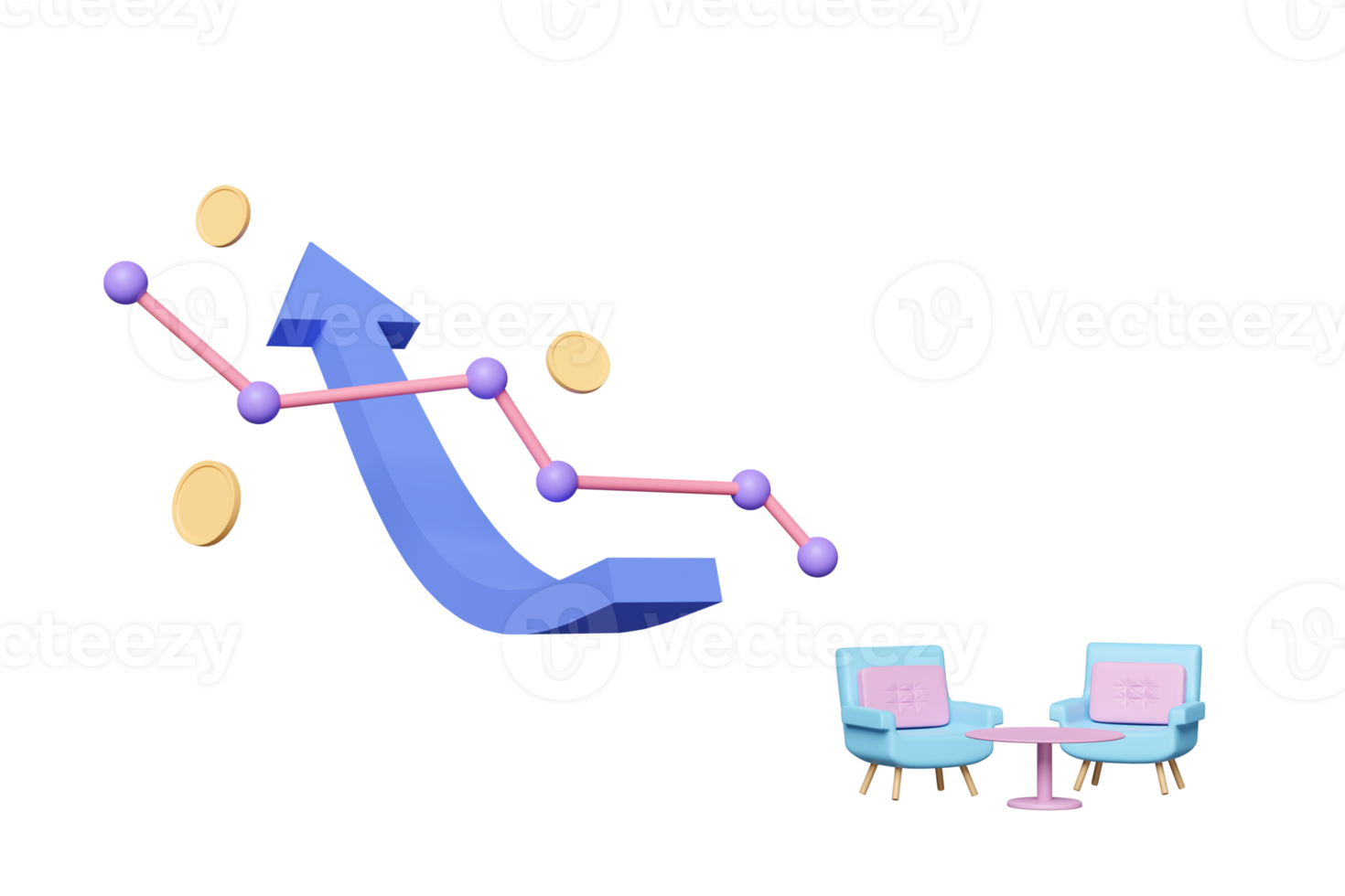 stock marknadsföra trend uppåt Diagram med kaffe tabell, soffa stol, Kolla på investera i annorlunda valutor begrepp, 3d framställa illustration png