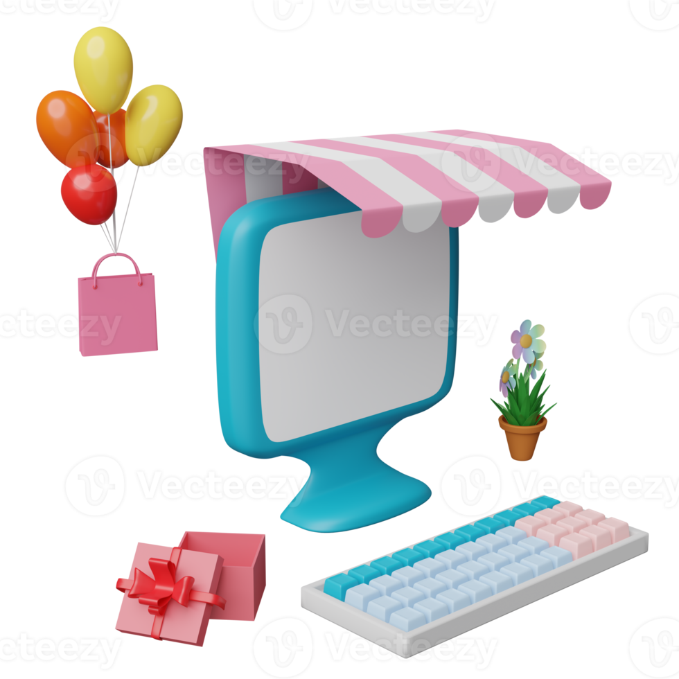 computer monitor with store front, paper bags, balloons, gift box isolated. online shopping concept, 3d illustration or 3d render png