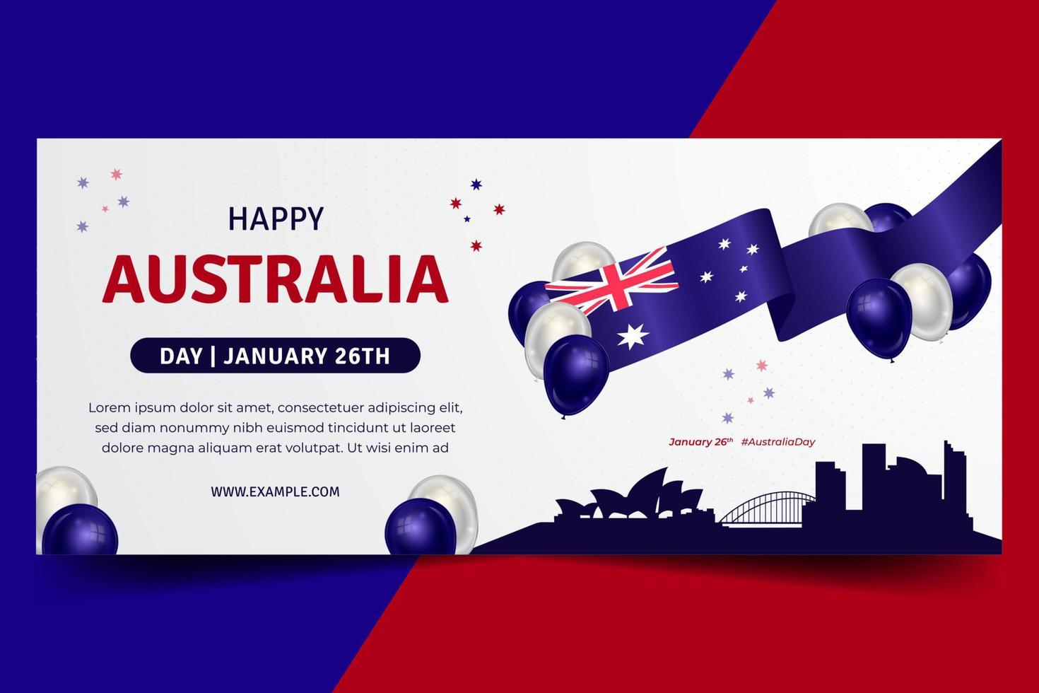 día de australia 26 de enero banner horizontal con cinta de bandera ondeante e ilustración de globo vector