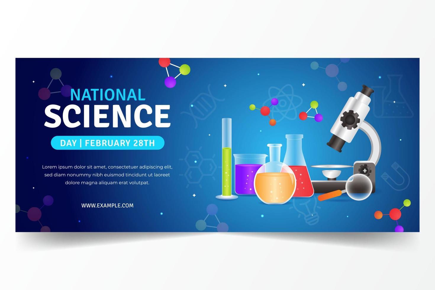 día nacional de la ciencia 28 de febrero diseño de banner horizontal con ilustración de equipo de laboratorio vector