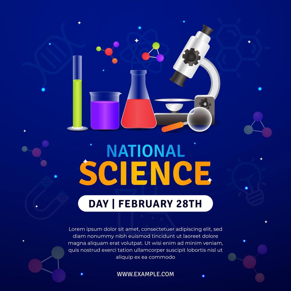 día nacional de la ciencia 28 de febrero con ilustración de equipos de laboratorio en el fondo del espacio nocturno vector