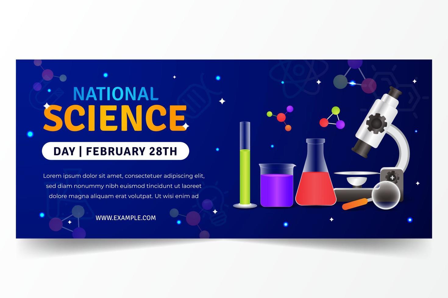 día nacional de la ciencia 28 de febrero banner horizontal con ilustración de equipos de laboratorio vector