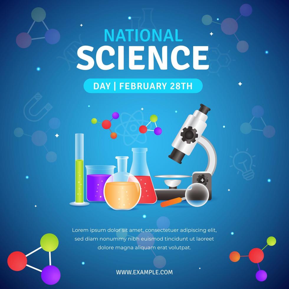 diseño de banner cuadrado del 28 de febrero del día nacional de la ciencia con ilustración de equipo de laboratorio vector
