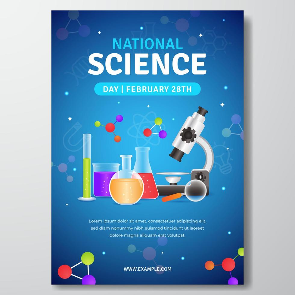 día nacional de la ciencia 28 de febrero diseño de carteles con ilustración de equipo de laboratorio vector