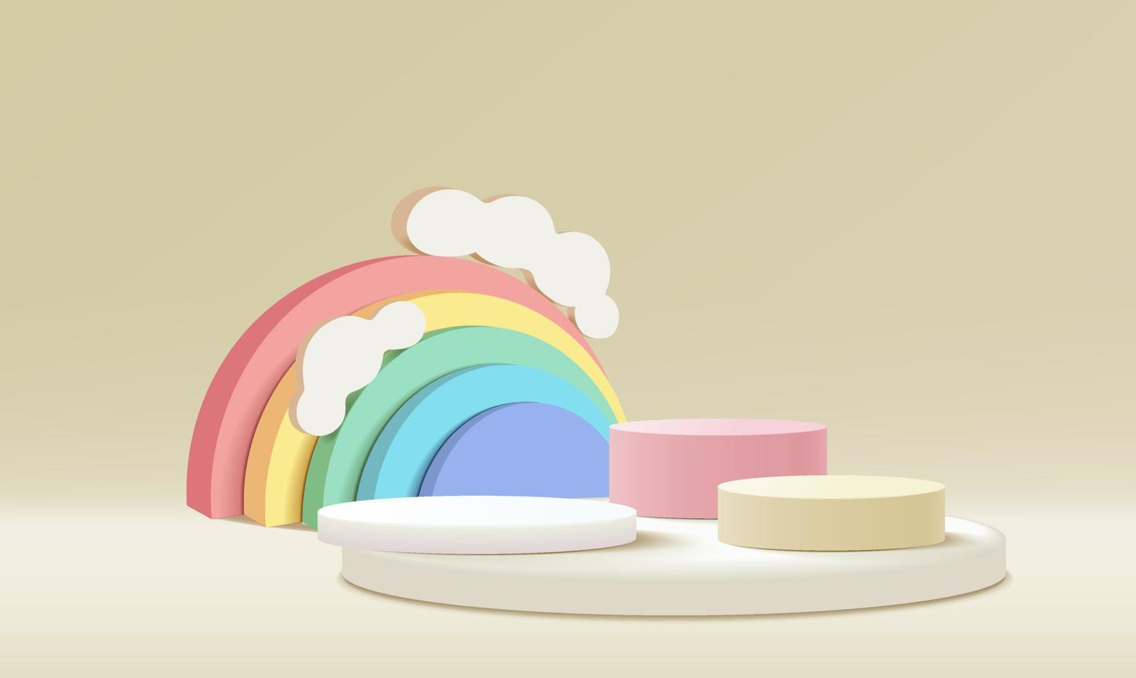 3d pink podium on pastel background abstract geometric shapes with cute rainbow, kids product display vector