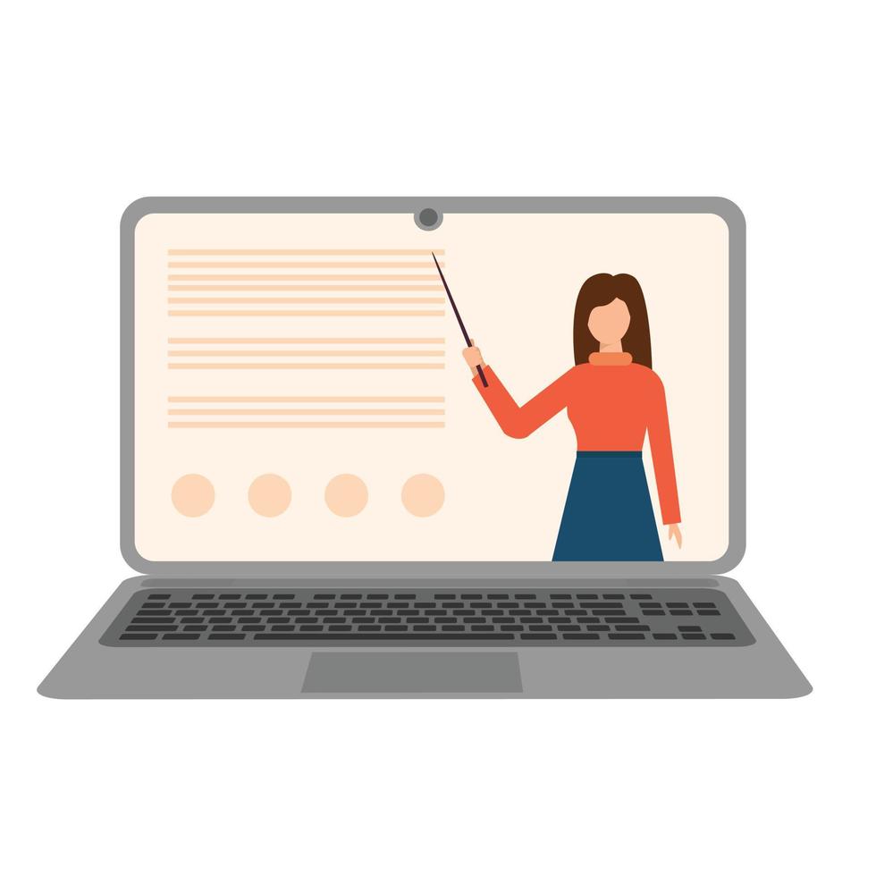 Online course. Woman is teaching from laptop. Online education. Vector illustration.
