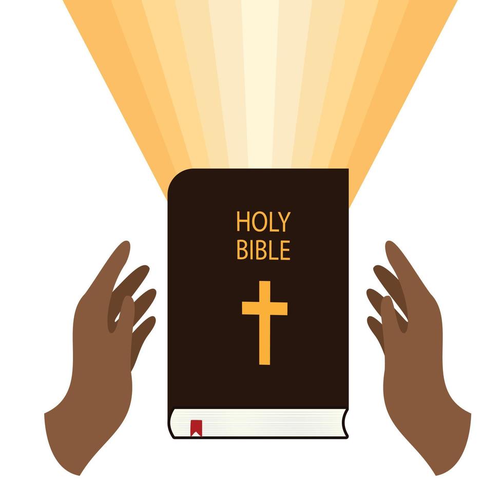 Two African American hand protect holy bible. Lights from bible. Reading book. Studying religion. Vector illustration.