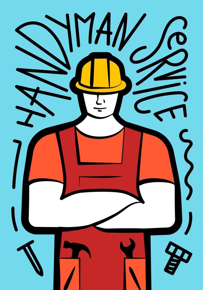 cartel de servicio de reparación de manitas. trabajador en casco. diseño de cartel dibujado a mano. banner de publicidad de negocios de reparador de edificios. Folleto de la industria de la construcción y el mantenimiento. taller mecanico. pasos vectoriales vector